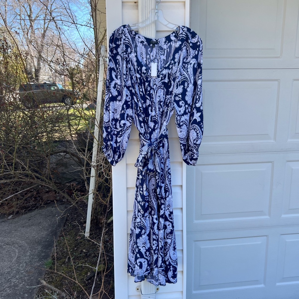 NWT Talbots Pretty Navy White Paisley Fun 3/4  Sleeves Scoop Neck Dress